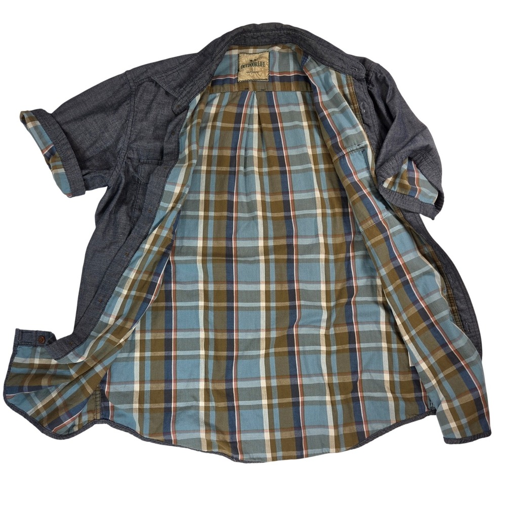 Outdoor Life Men Lined Dark Blue Button Down Collared Short Sleeve Shirt L